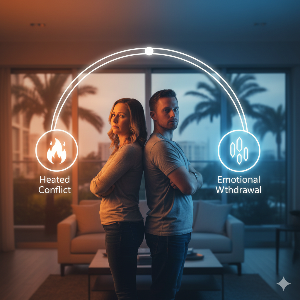 A couple experiencing the "Conflict Pendulum" of arguments and withdrawal, seeking professional marriage counseling in Orlando.