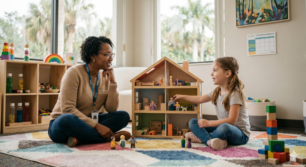 A child participating in a play therapy session with a licensed child therapist near Florida to build emotional resilience.